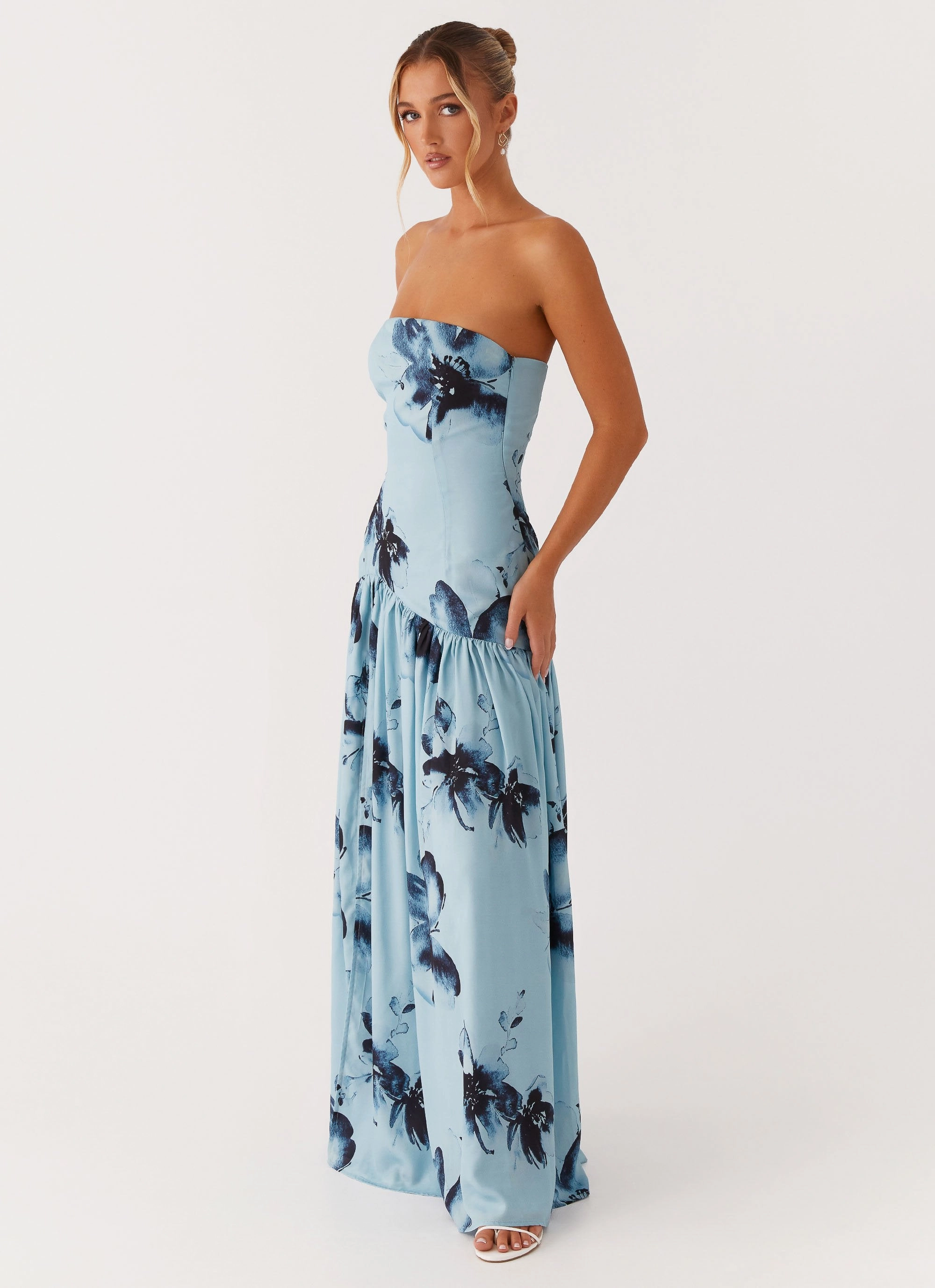 Eden Strapless Maxi Dress - Blue Black Floral Light Weave Climate-Adaptive