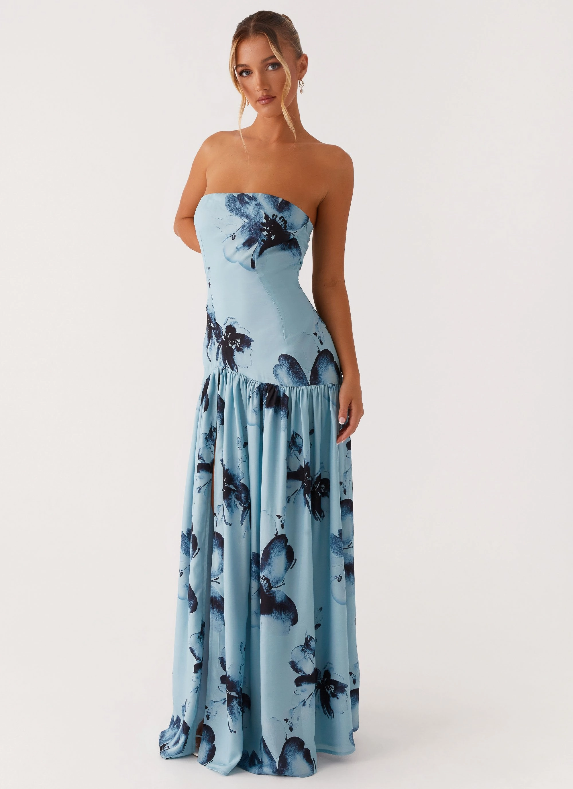 Eden Strapless Maxi Dress - Blue Black Floral Modern and Feminine Balanced Texture