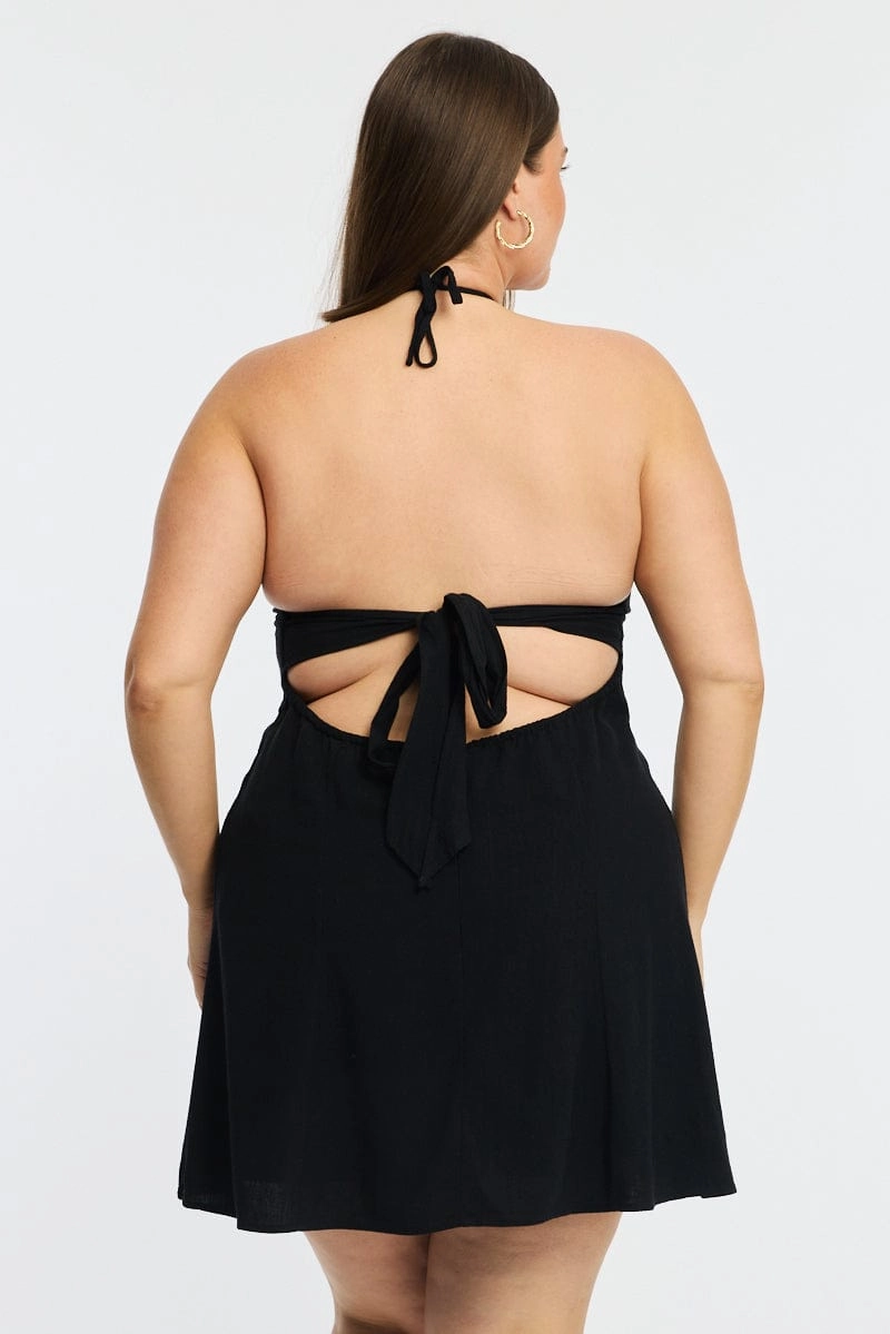 Collar Accent Black Skater Dress Halter Neck