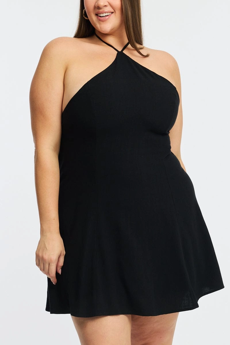 Black Skater Dress Halter Neck Cool Look Airy Fabric