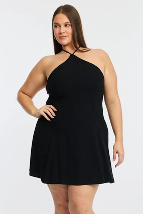 Black Skater Dress Halter Neck Contemporary Fit Smooth Layers