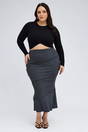 Soft Finish Grey Maxi Skirt Asymmetrical Rib