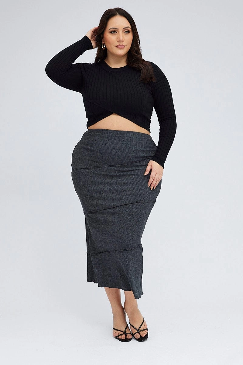 Detachable Tie Heat Dissipating Fabric Grey Maxi Skirt Asymmetrical Rib