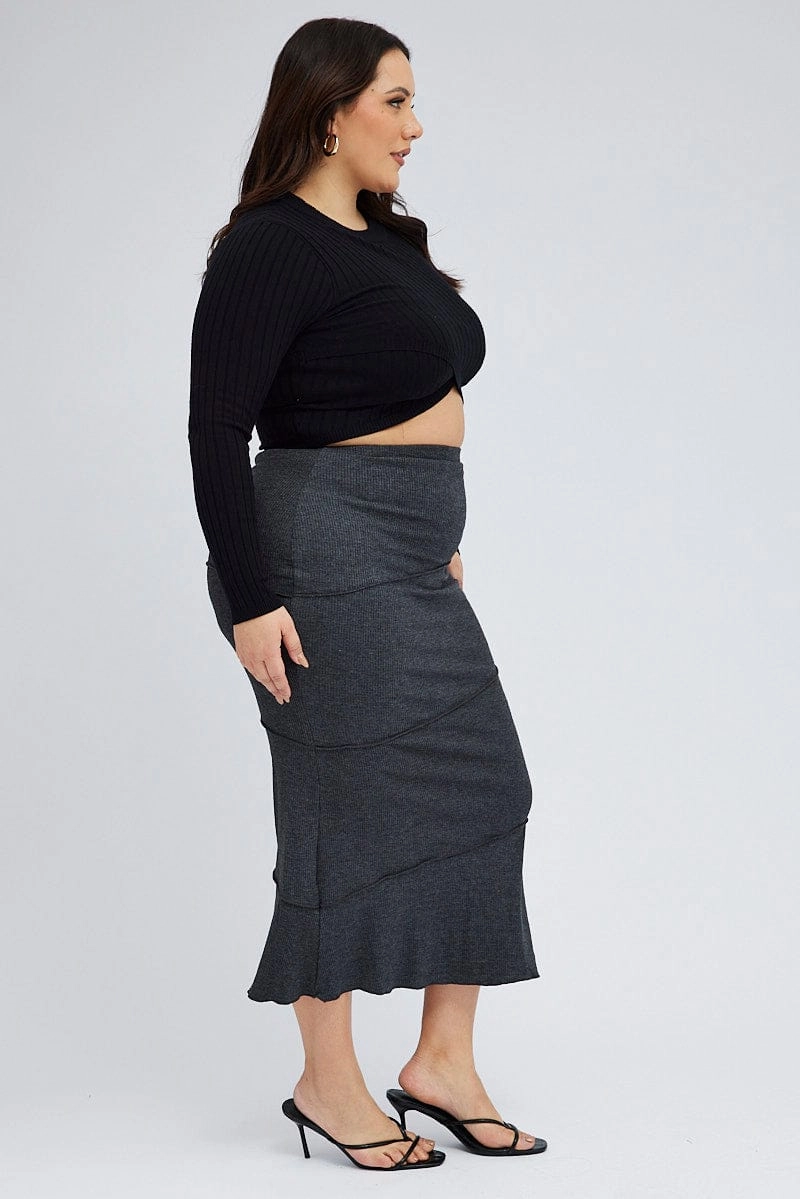 Comfy Fit Crafted Detail Grey Maxi Skirt Asymmetrical Rib