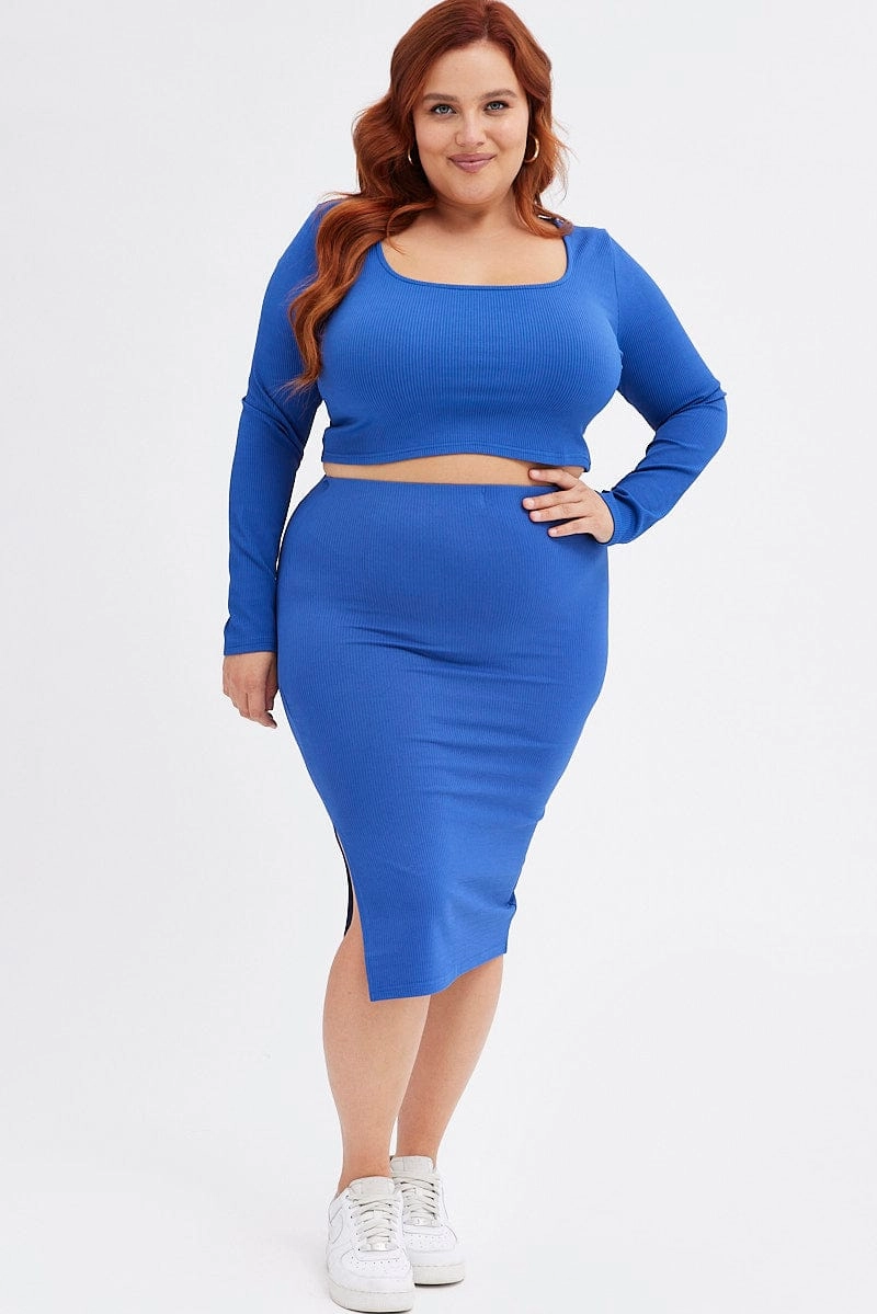Blue Midi Skirt Rib Jersey Seamless Look Mall Brand Look Neutral Tones
