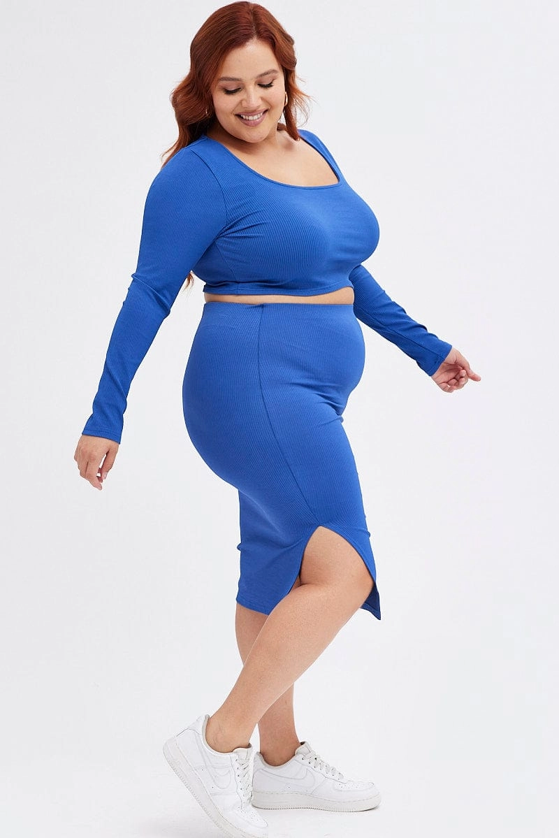 Breathable fabric Fashion Week Ready Blue Midi Skirt Rib Jersey Seamless Look