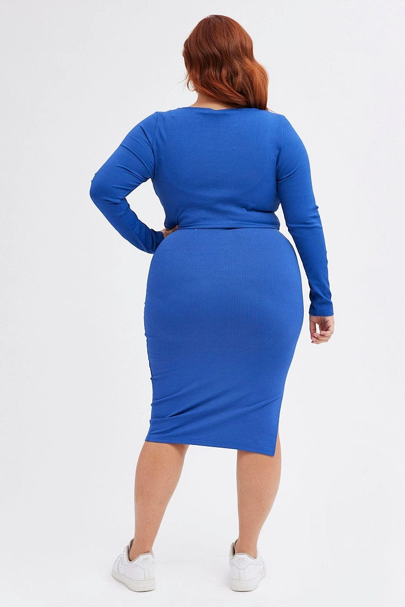 Blue Midi Skirt Rib Jersey Seamless Look Silicone Grip Trim