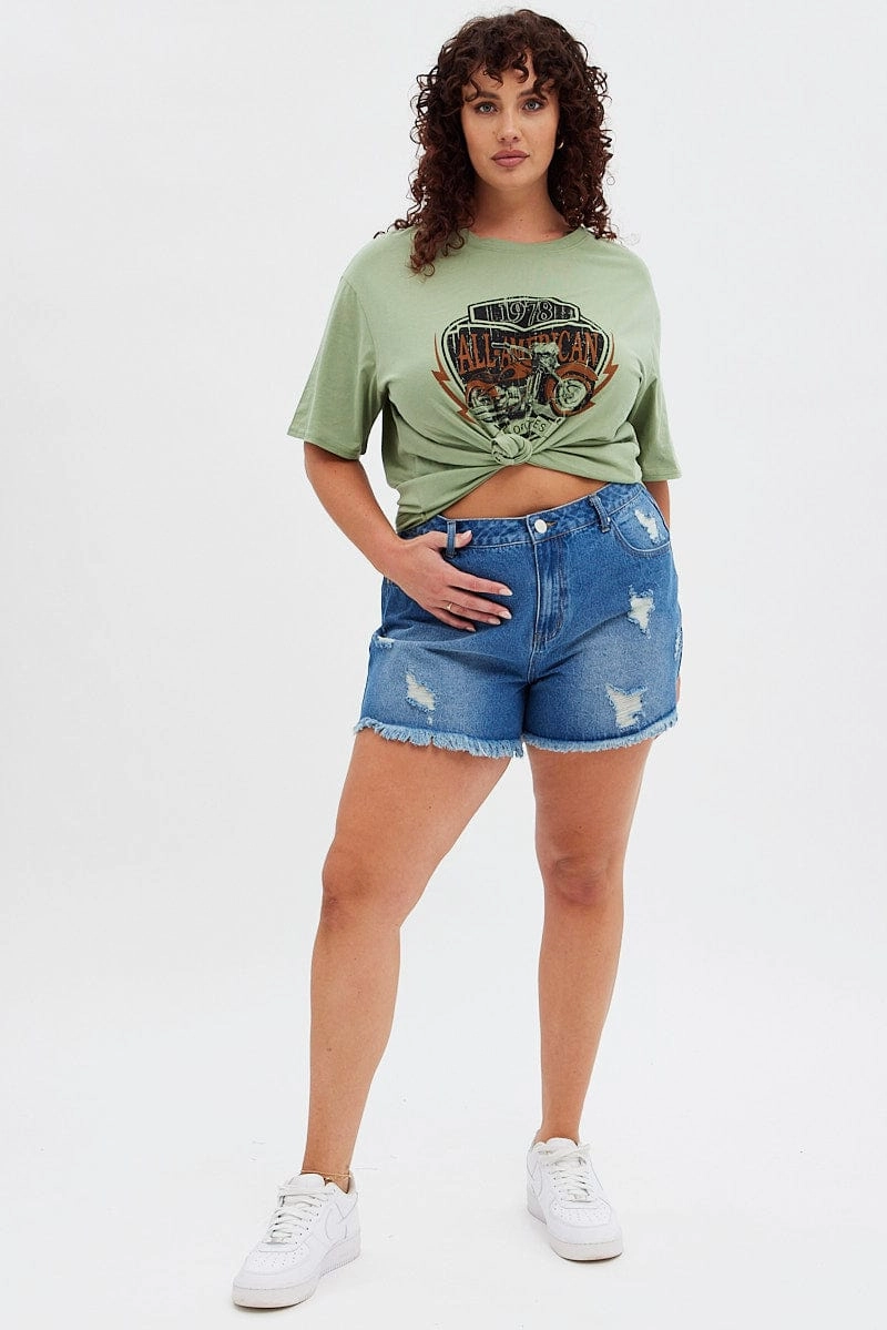 Green Graphic T-shirt American Motorbike Cotton Jersey Comfort Stretch Fit Non Fading Material