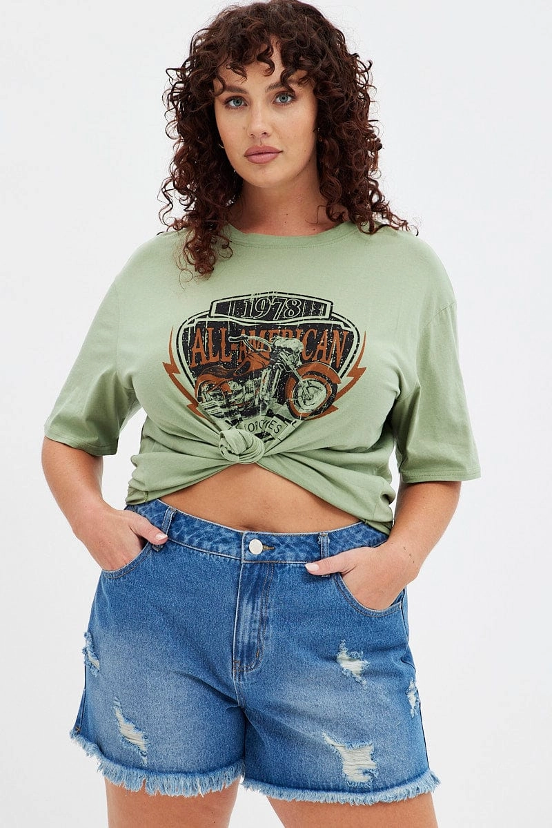 Durable Color Retention Green Graphic T-shirt American Motorbike Cotton Jersey