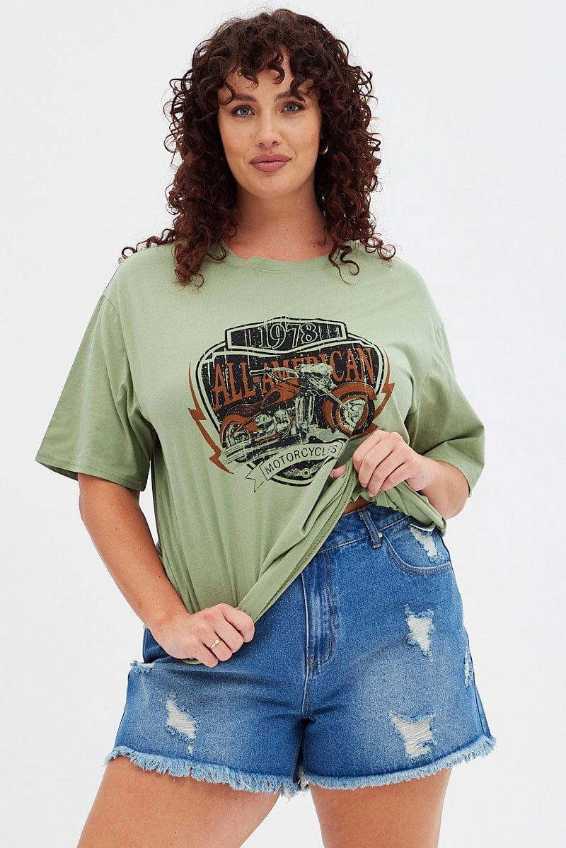Green Graphic T-shirt American Motorbike Cotton Jersey Cozy and Fashionable