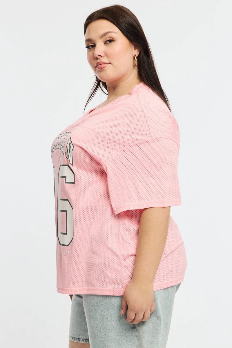 Pink Sport Tee Short Sleeve V-neck Weekend Style Trend Cozy and Fashionable