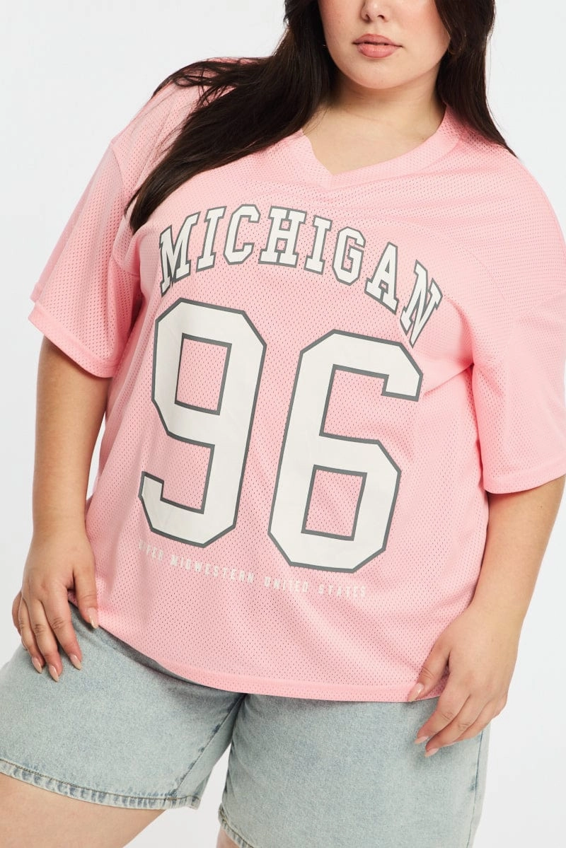 Pink Sport Tee Short Sleeve V-neck Low Profile Collar Pocket Design