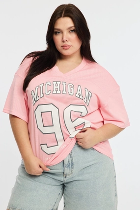 Pink Sport Tee Short Sleeve V-neck Non Restrictive Cut