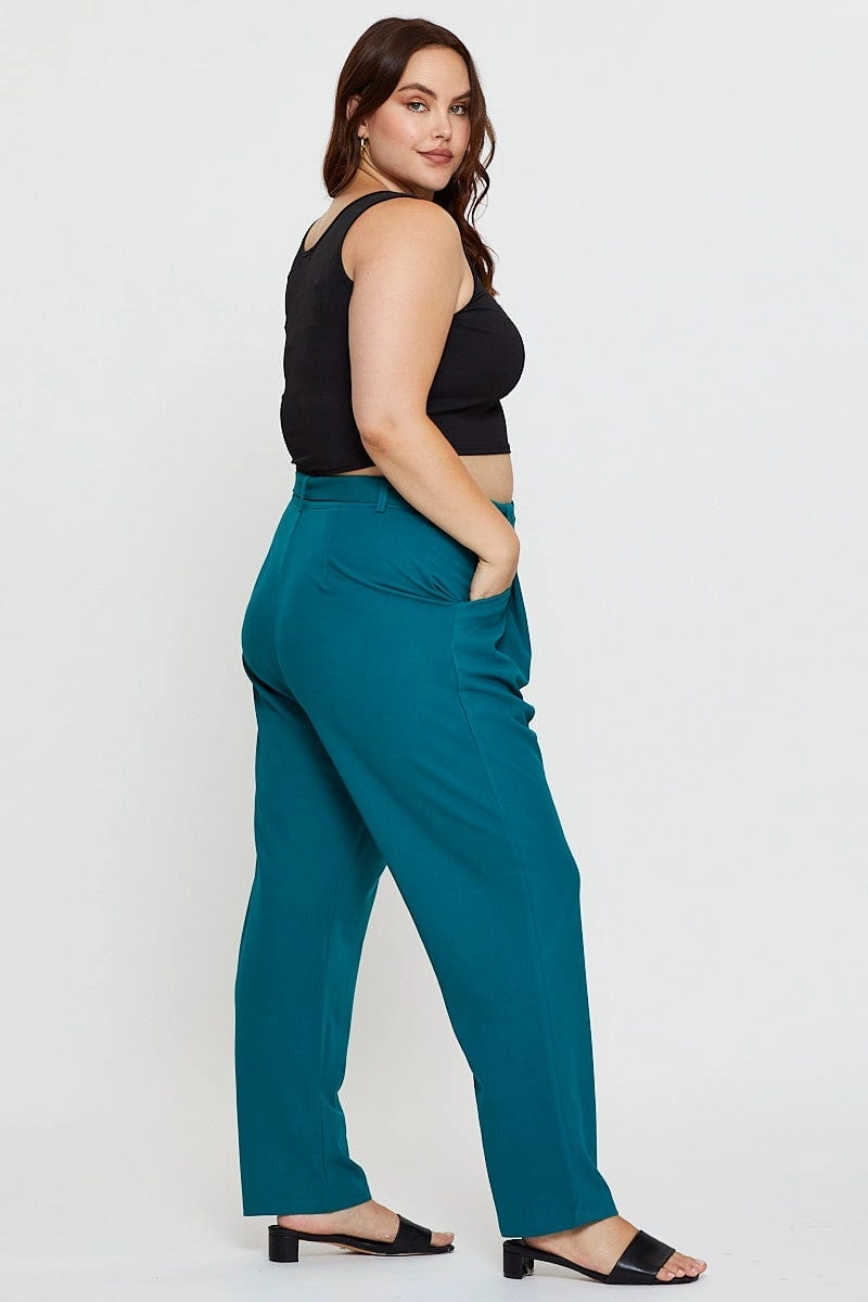All Season Versatility Anti Snag Threading Green Slim Leg Pants High Rise Belted
