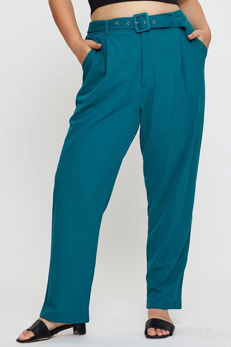 Green Slim Leg Pants High Rise Belted Boho chic ResilientElasticBand