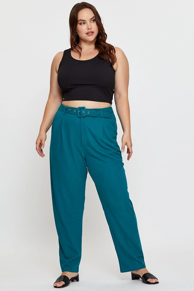 Green Slim Leg Pants High Rise Belted Casual Fit Layer Friendly