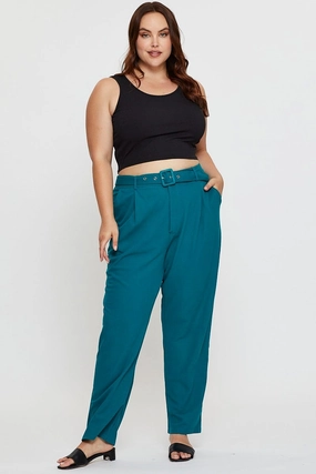 Chic Fit Temperature Regulating Green Slim Leg Pants High Rise Belted
