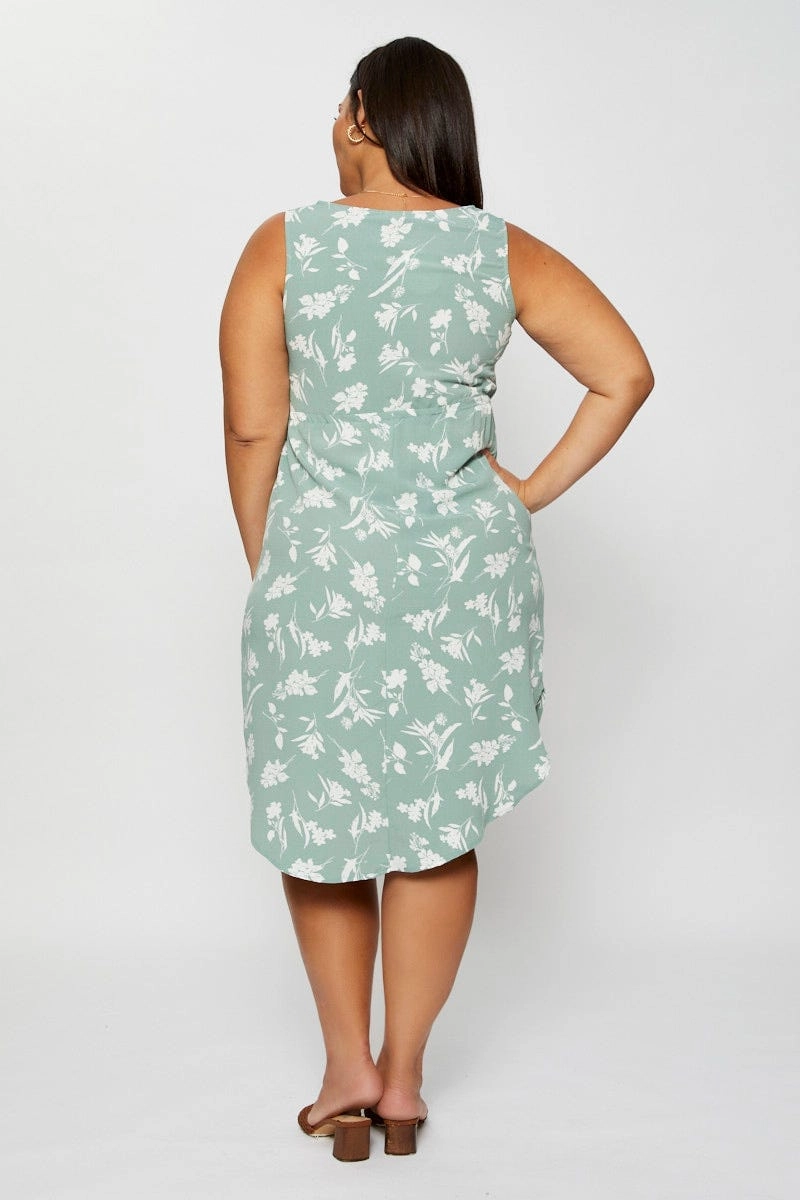 Printed-Lining Floral Print Midi Dress Round Neck Sleeveless