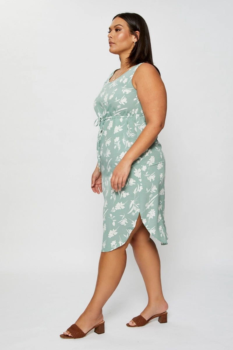 Comfort and Elegance Minimal Comfort Floral Print Midi Dress Round Neck Sleeveless