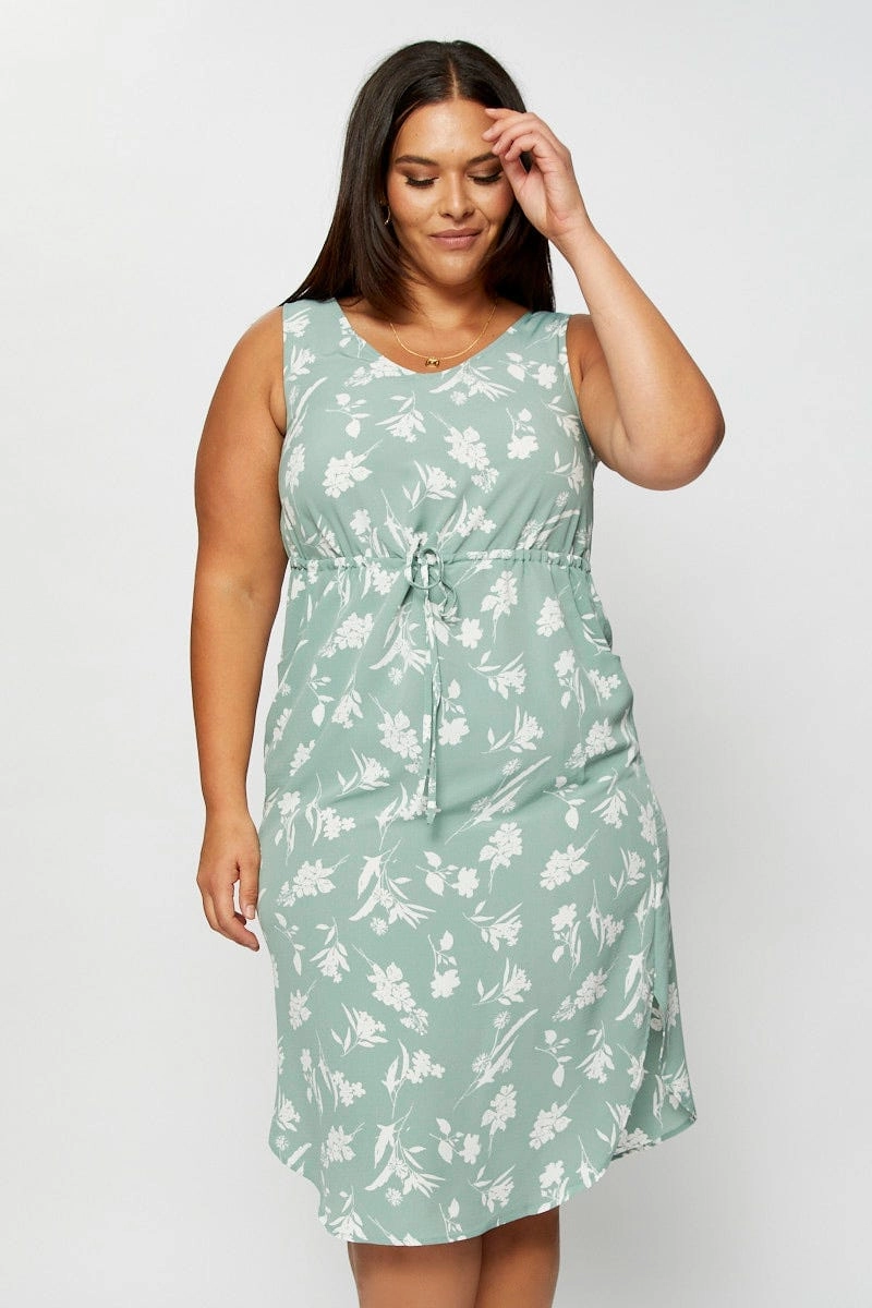 Texture Edge Floral Print Midi Dress Round Neck Sleeveless