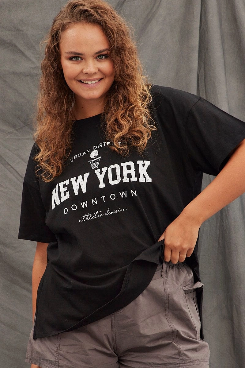 Comfort Stretch Wear Black Graphic T-shirt New York Short Sleeve Side Split