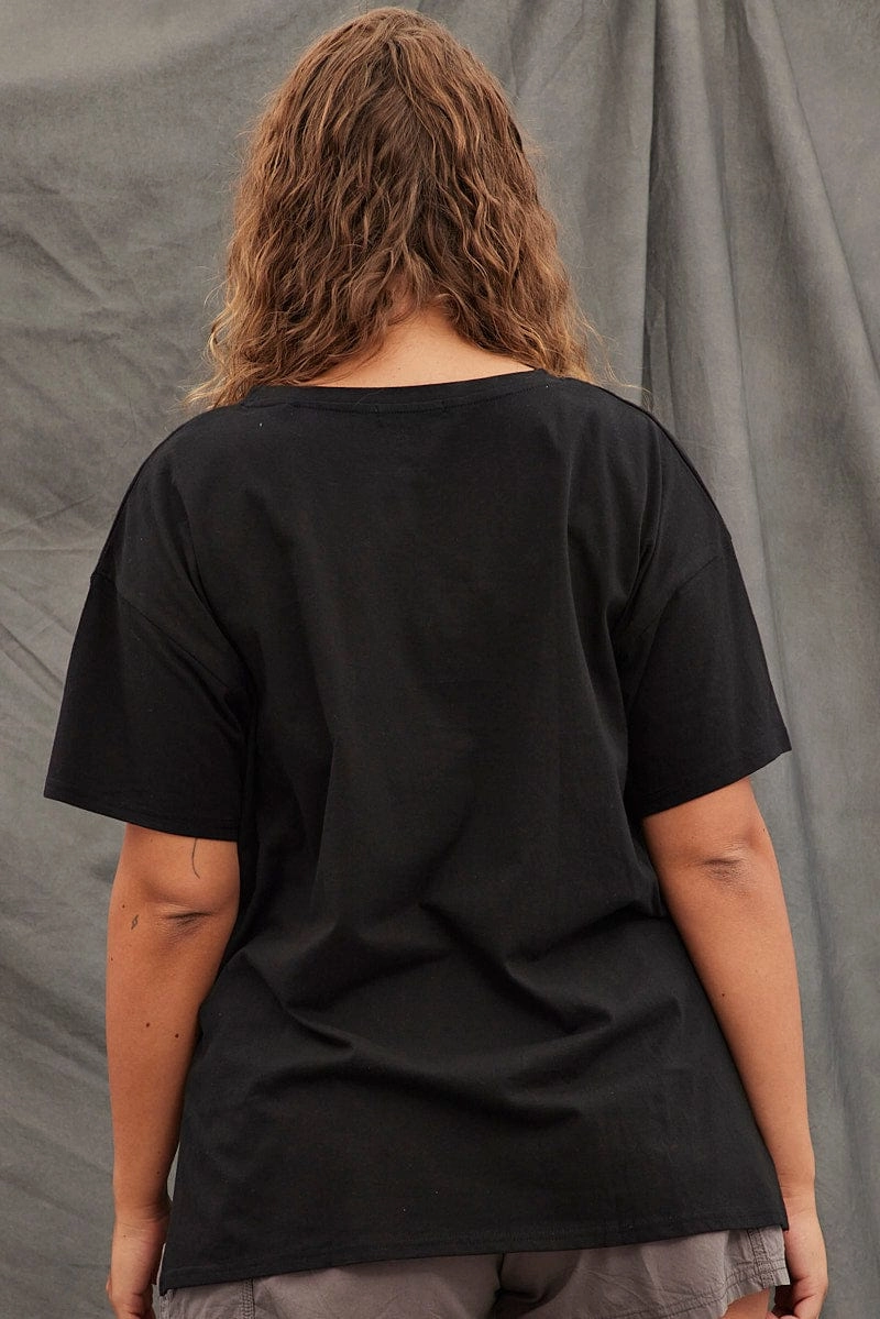 Breathable Yarn Composition Black Graphic T-shirt New York Short Sleeve Side Split