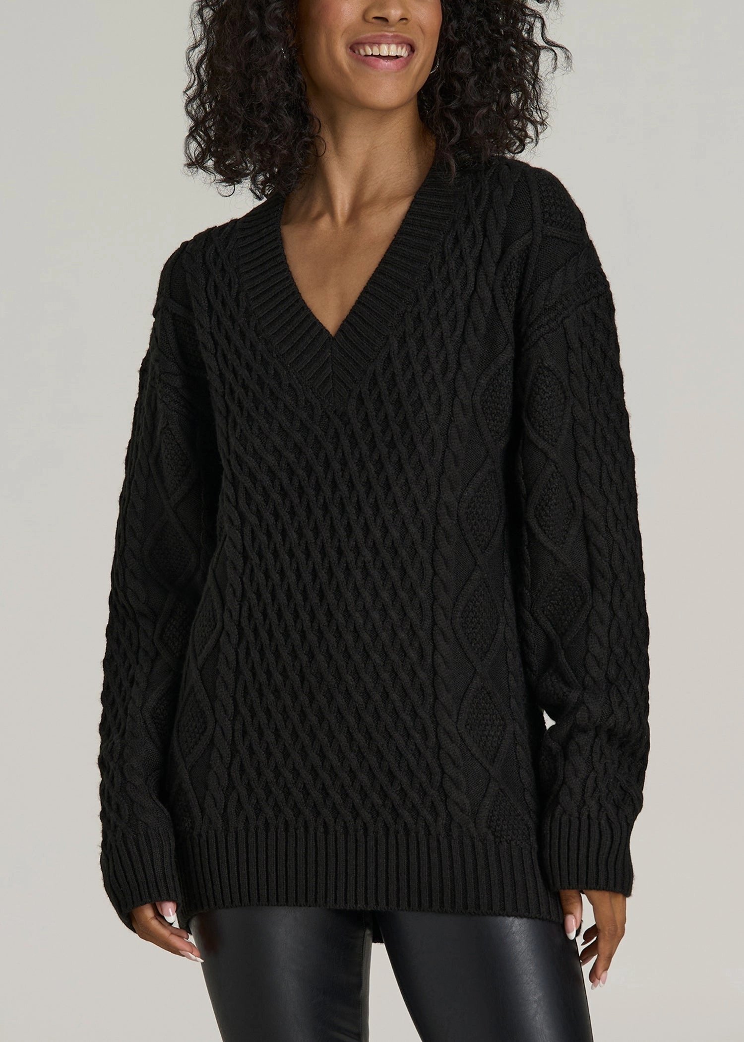 V Neck Cashmere Blend Cable Knit Women's Tall Sweater in Black Fashion Basic Premium Hoodie
