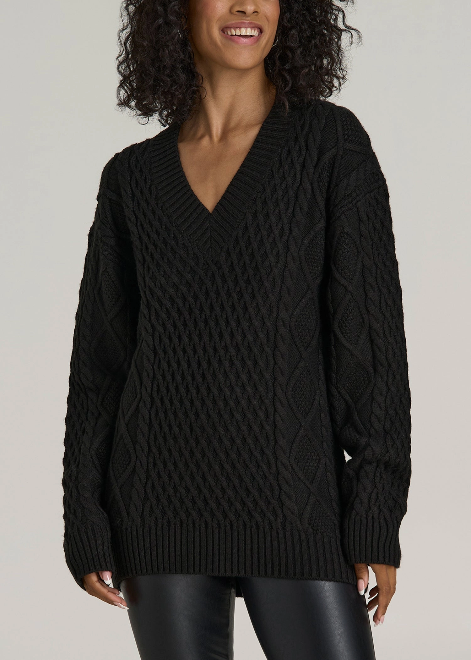 V Neck Cashmere Blend Cable Knit Women's Tall Sweater in Black anti wrinkling easy to pair