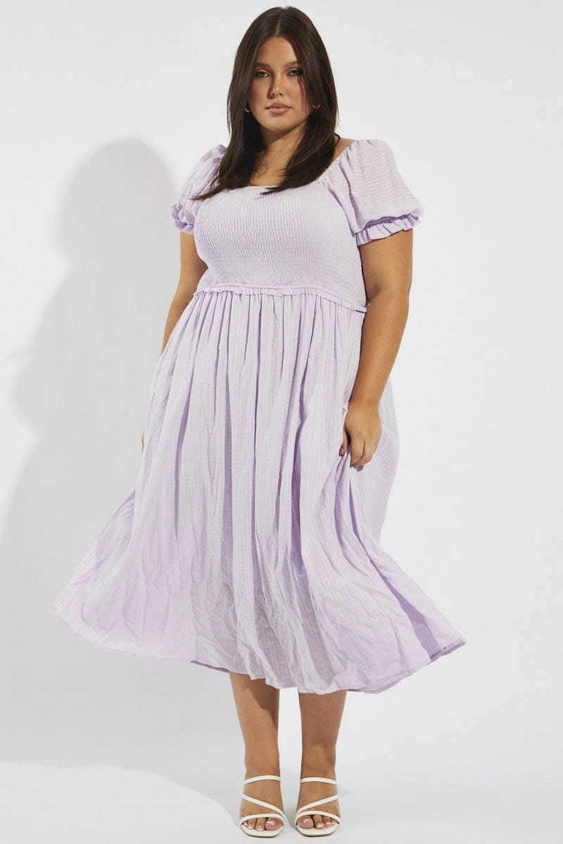 Purple Midi Dress Short Sleeve Shirred Dreamy Touch