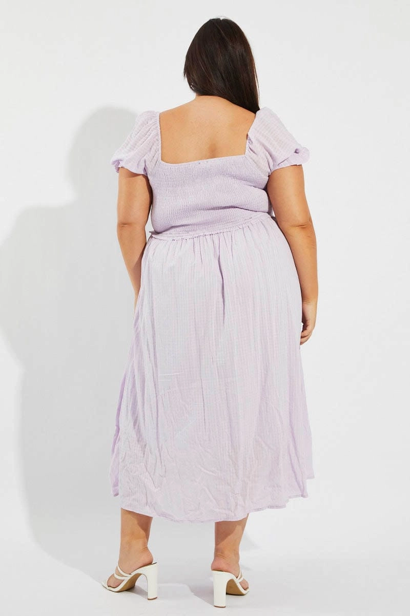 Calm Outfit Classic Tailoring Purple Midi Dress Short Sleeve Shirred