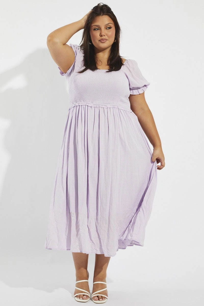 Slimming Shape Cozy Flex Purple Midi Dress Short Sleeve Shirred
