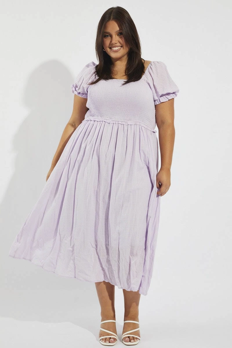 Elastic-Waist Natural Style Purple Midi Dress Short Sleeve Shirred