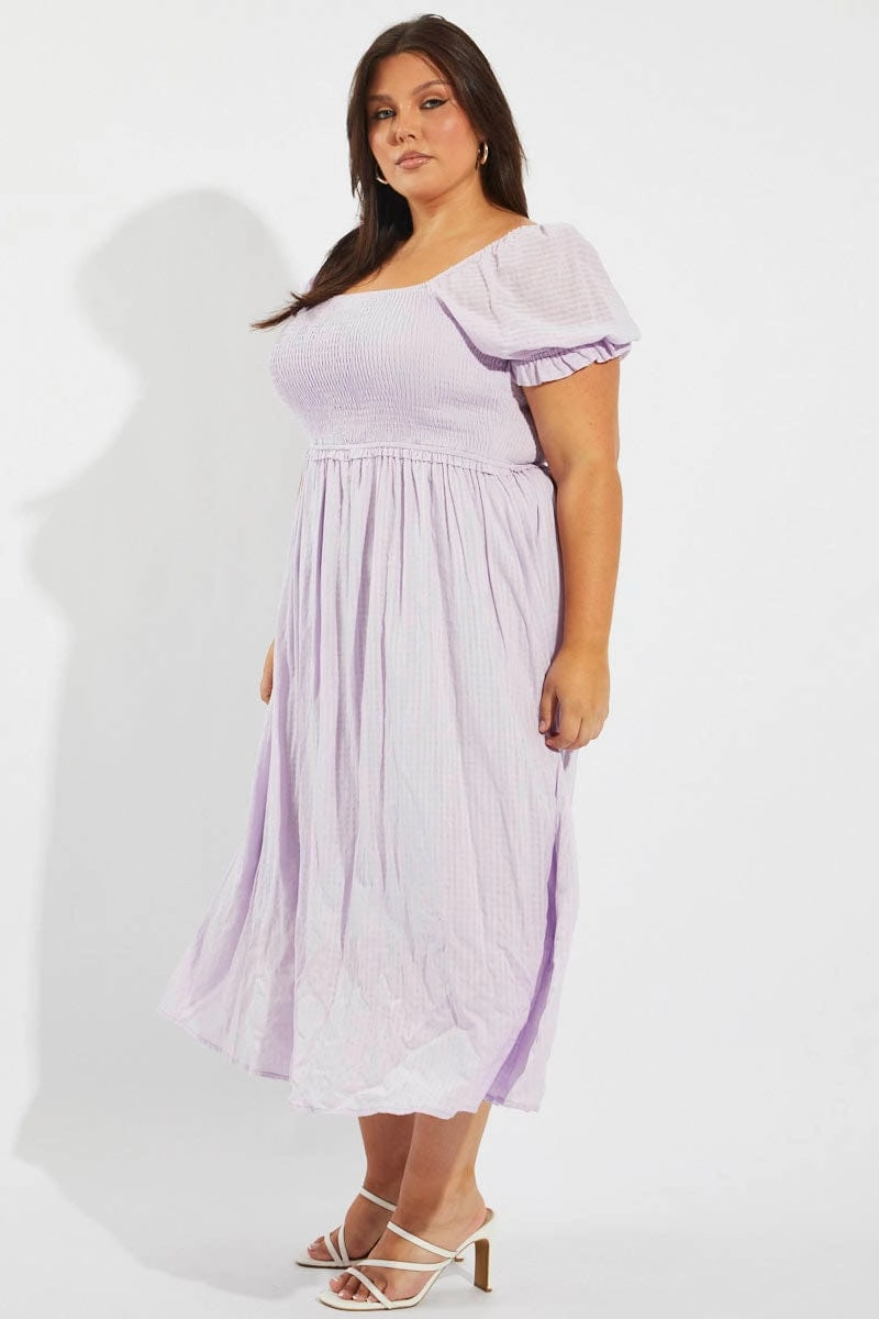 Purple Midi Dress Short Sleeve Shirred Designer-Label