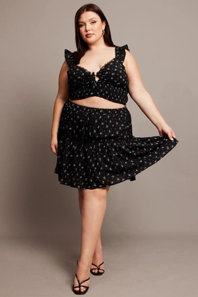 Soft Finish Young adult Black Ditsy Frill Hem Mini Skirt
