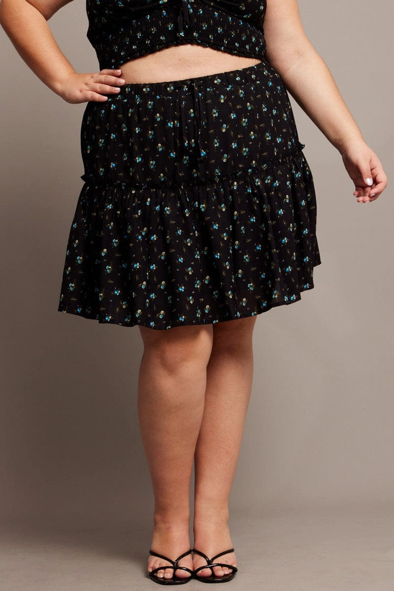 Black Ditsy Frill Hem Mini Skirt Basic Layers Performance Fashion