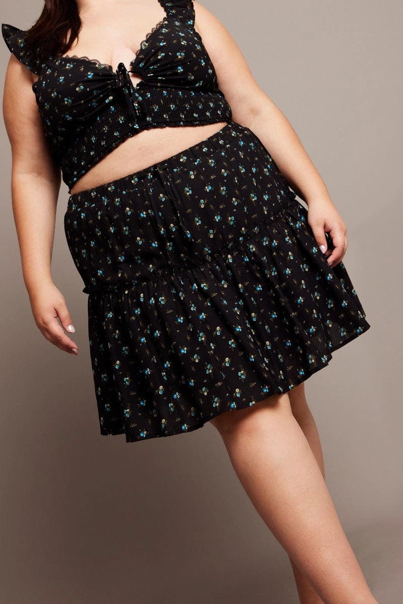 Water resistant coating Black Ditsy Frill Hem Mini Skirt