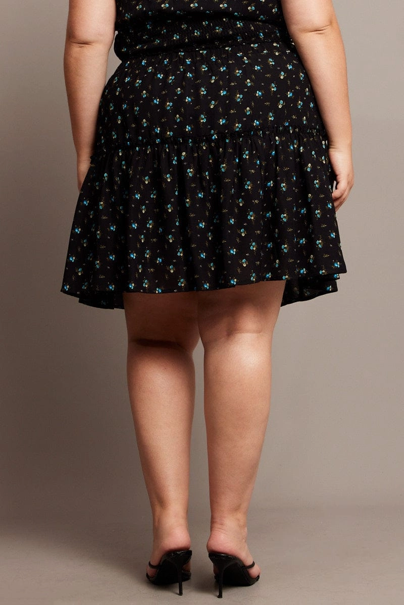 Double Layer Construction Black Ditsy Frill Hem Mini Skirt