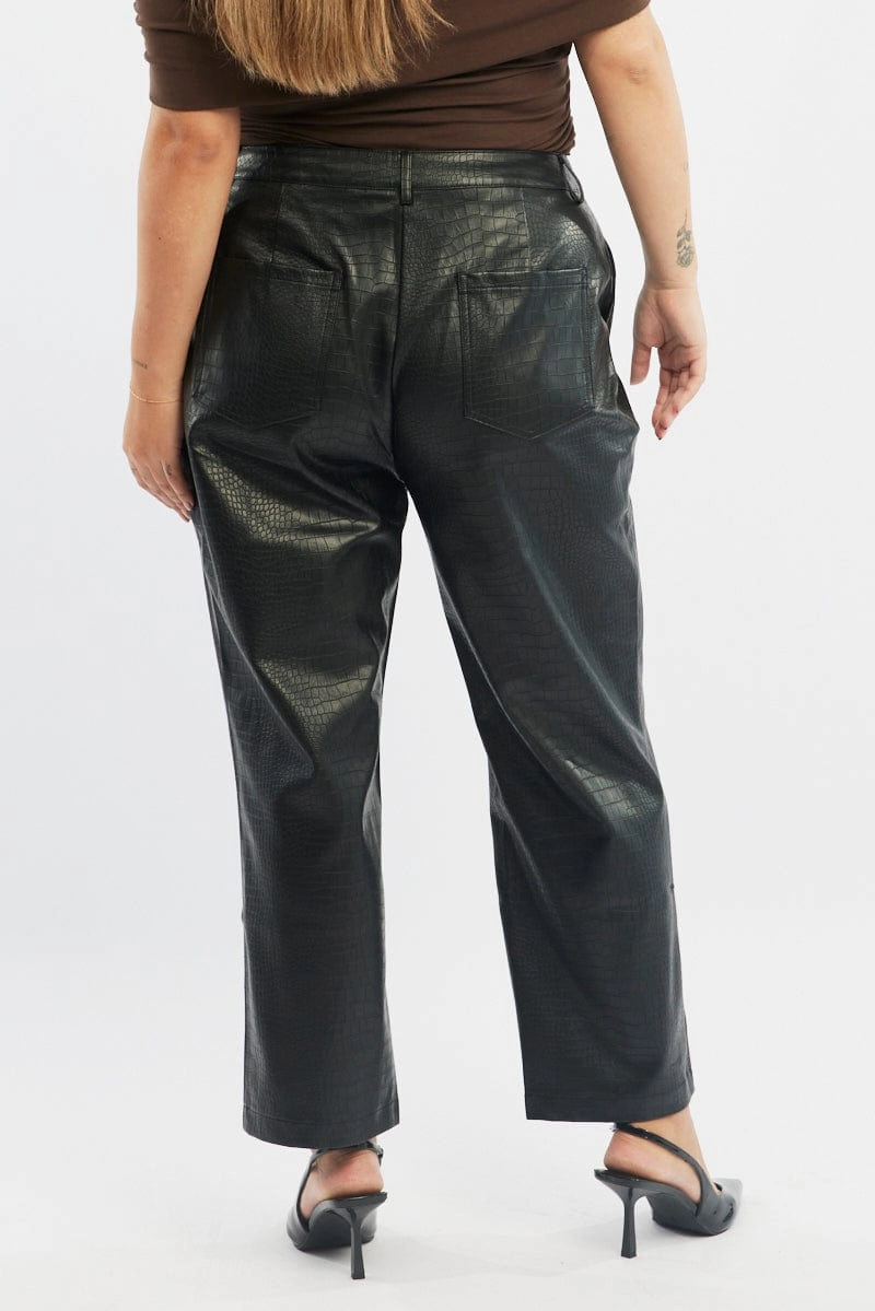 Black Wideleg Pants Faux Leather Croc High Waist Flex Movement Perfect Pair