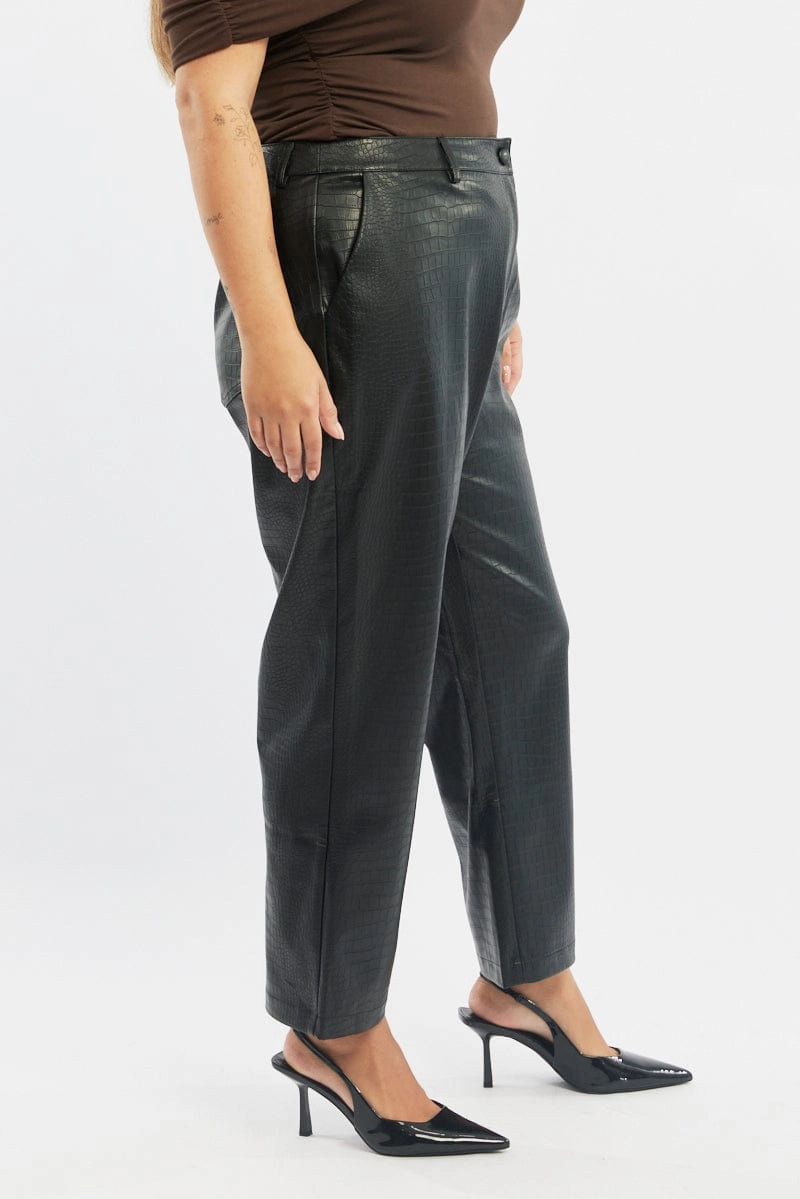 Black Wideleg Pants Faux Leather Croc High Waist Trendy Waist