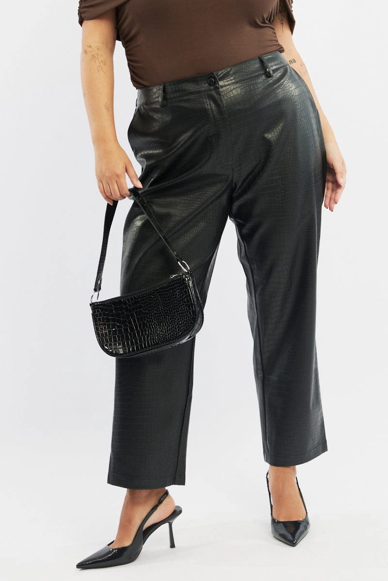 Eco Friendly Dye Process Casual Fit Black Wideleg Pants Faux Leather Croc High Waist