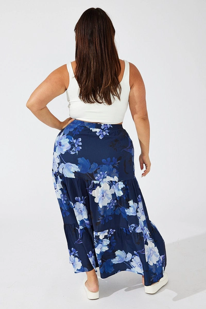 Blue Floral Maxi Skirt Elastic Waist Relaxed Style