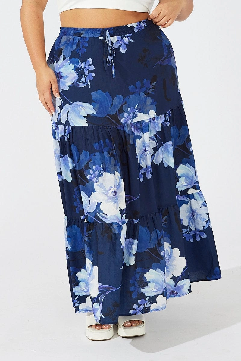 Blue Floral Maxi Skirt Elastic Waist Texture Play Contemporary Design