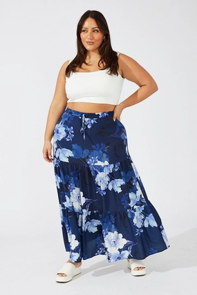Gather Details Blue Floral Maxi Skirt Elastic Waist