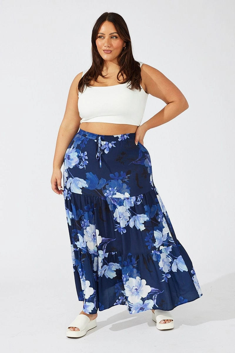 Gather Details Blue Floral Maxi Skirt Elastic Waist