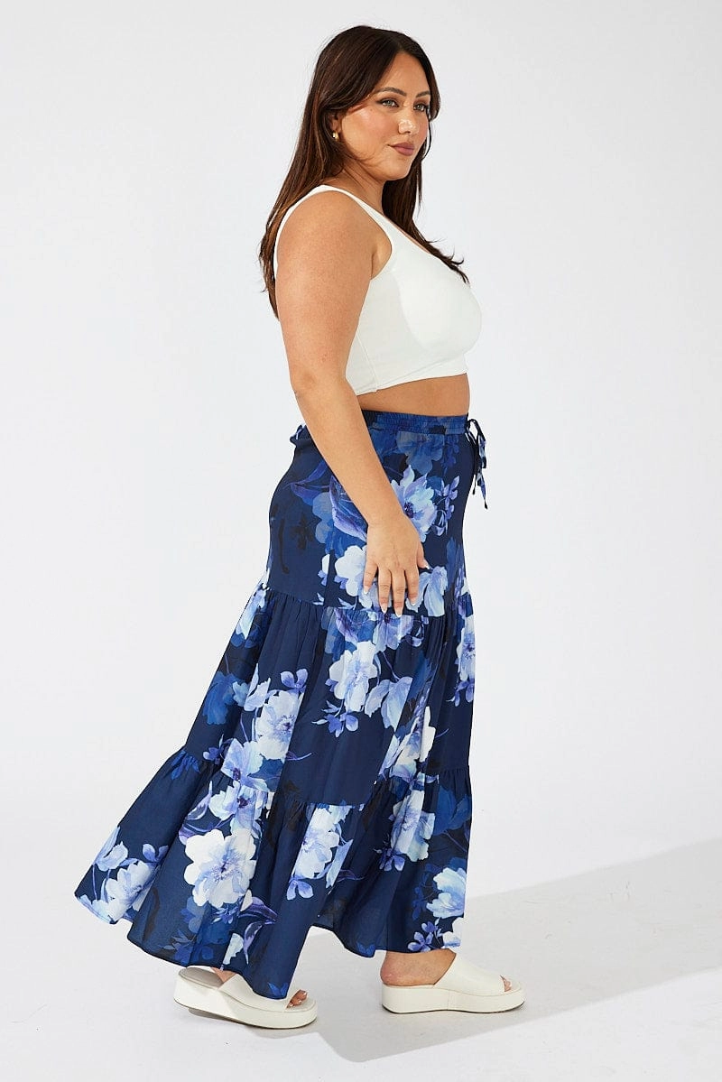 Blue Floral Maxi Skirt Elastic Waist Bohemian vibe High Waist