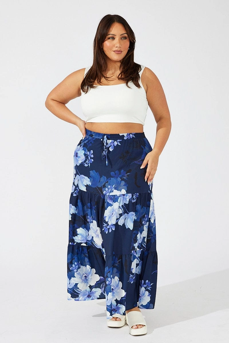 Flexible Material Blue Floral Maxi Skirt Elastic Waist