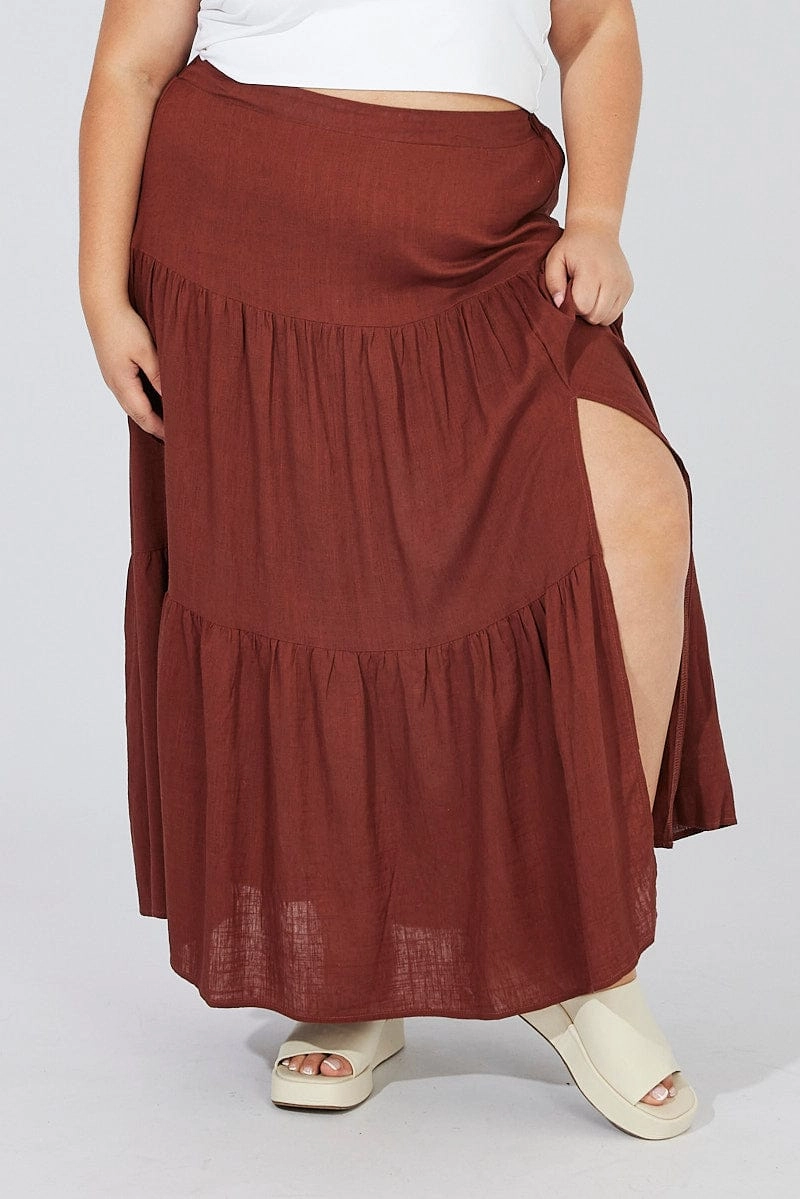 Low Maintenance Fabric light texture Brown Maxi Skirt Linen Blend Split