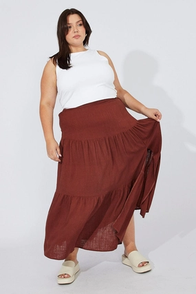 Gather Details Brown Maxi Skirt Linen Blend Split