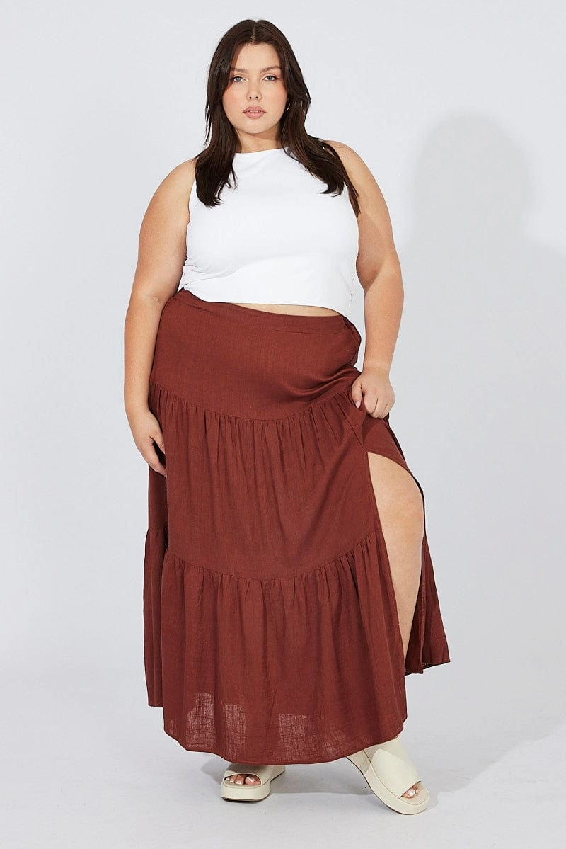Brown Maxi Skirt Linen Blend Split Minimalist Chic