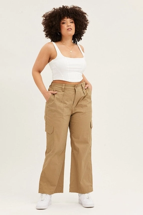Comfortable Style Flexible Performance Green Mid Rise Wide Leg Cargo Pants